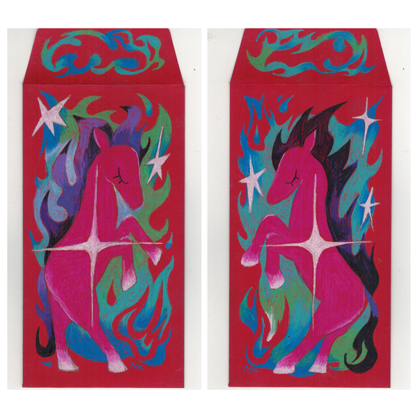 Two colorful envelopes with a stylized horse design on a red background.