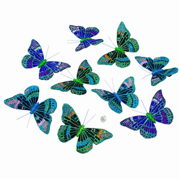A garland featuring colorful feather butterflies with a glittery appearance, arranged on a single string.