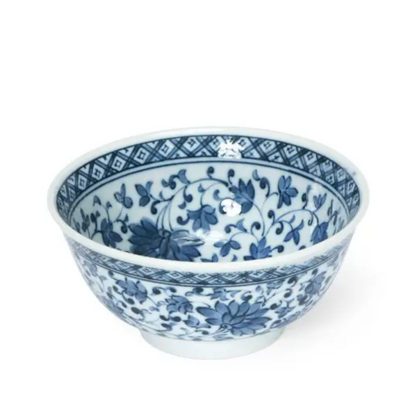 Blue and white ceramic bowl with intricate patterns on a white background