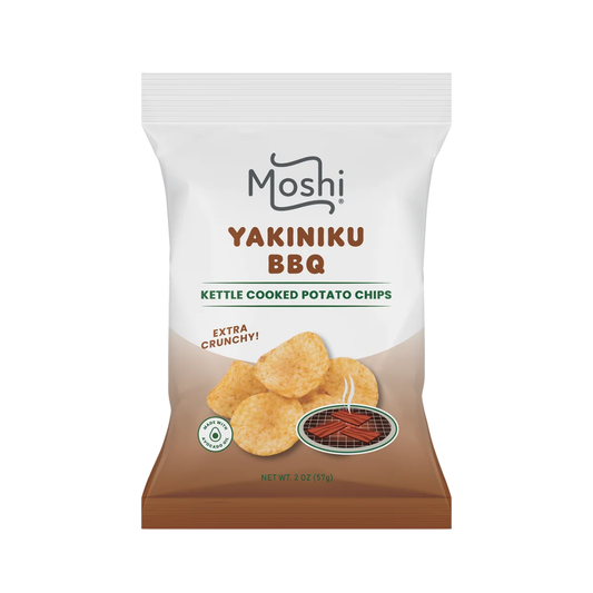 A 2 oz bag of Moshi Yakiniku BBQ Kettle Cooked Potato Chips on a plain white background.