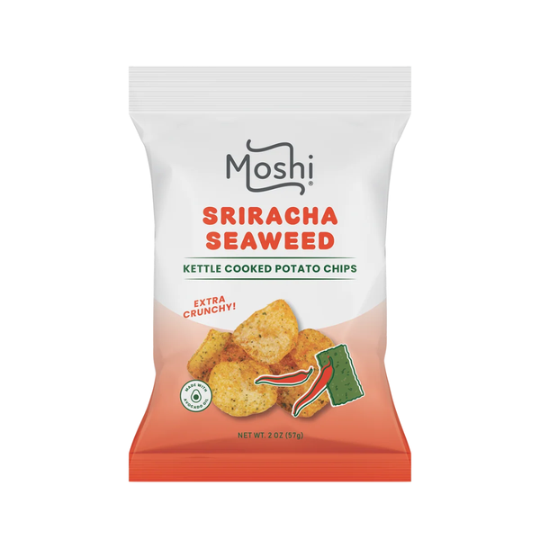 A 2 oz bag of Moshi Sriracha Seaweed Kettle Cooked Potato Chips on a plain white background.