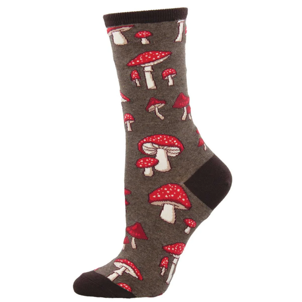 Sock with red and white mushroom pattern on a brown background