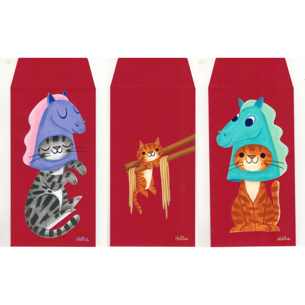 Three red envelopes with cartoon cat and horse designs on a white background