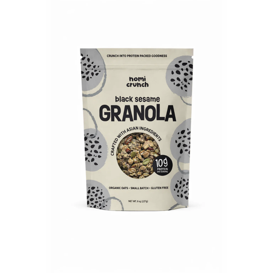 Packaged black sesame granola with visible branding on a white background