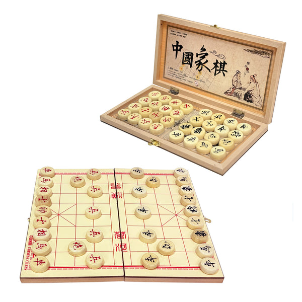 Chinese chess set with pieces set up and in decorative box