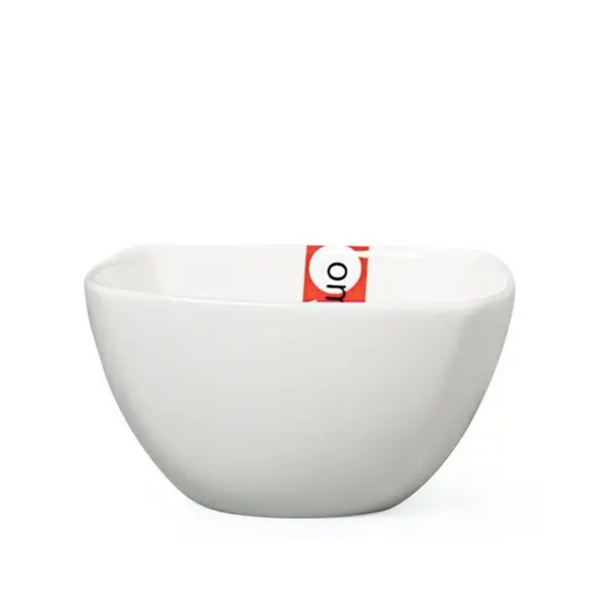 White ceramic bowl with a red and white logo on a white background