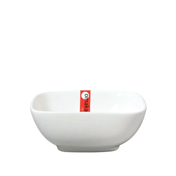 White ceramic bowl with a red 'Omakase' logo on a white background