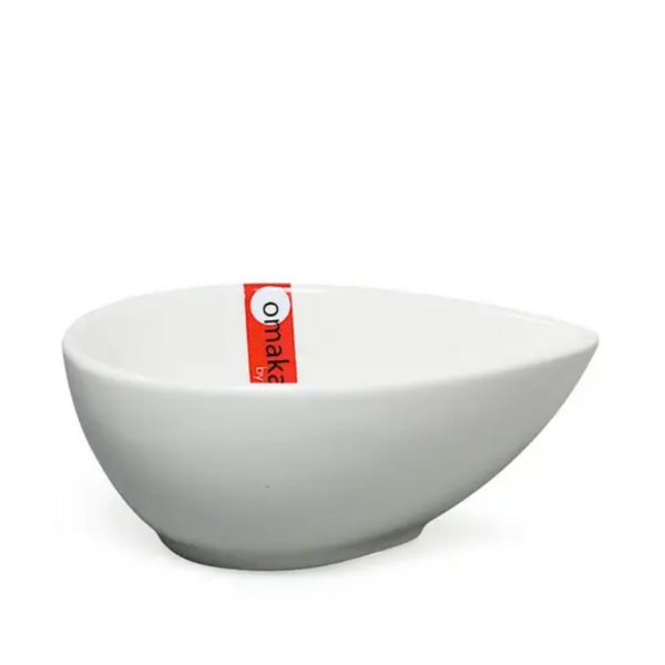 White bowl with a red and white label on a white background