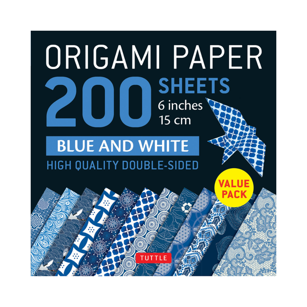 Pack of origami paper with blue and white patterns, 200 sheets, 6 inches each, by Tuttle.