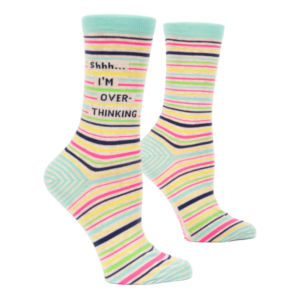 Colorful striped socks with text on a white background