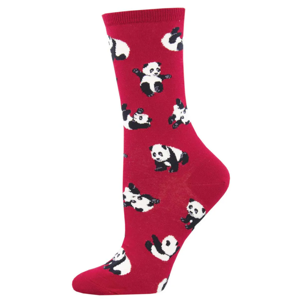 Red sock with panda pattern on a white background