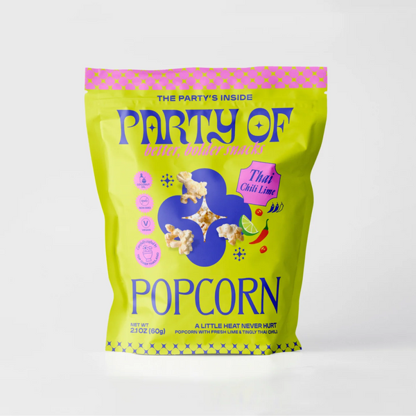 Green bag of Party of Popcorn with colorful text and graphics on a white background