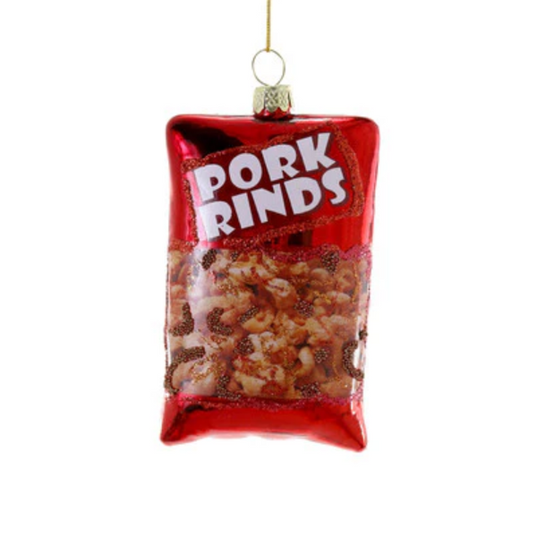 Decorative ornament shaped like a bag of pork rinds on a white background