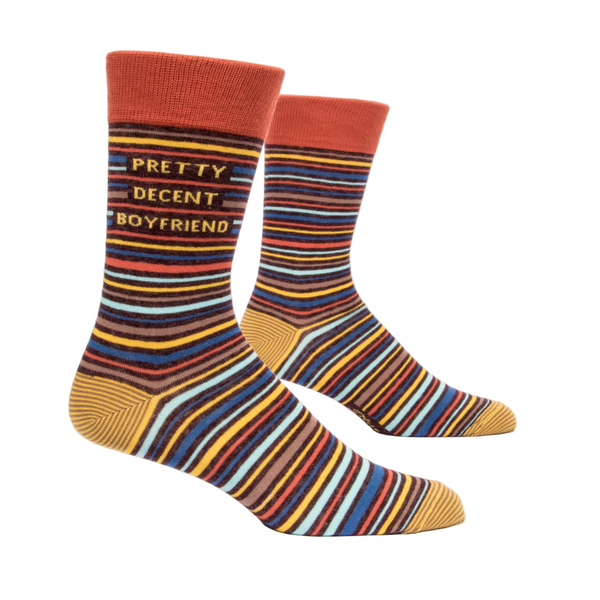 Colorful striped socks with text on a white background