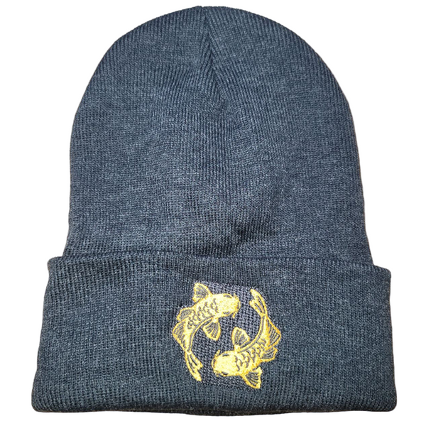 Dark gray beanie with a yellow fish emblem on a white background