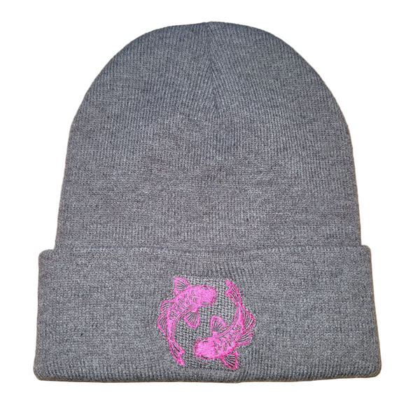 Gray beanie with a pink fox logo on a white background