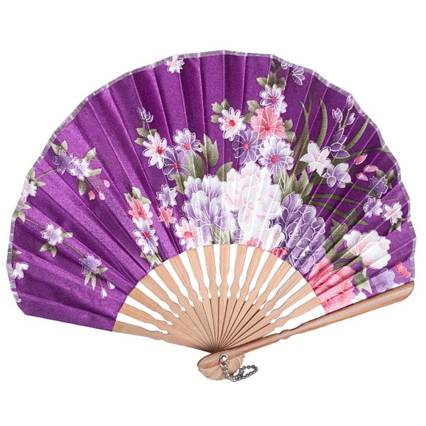 Purple Floral Print Bamboo Hand Fan - 8.5 inch