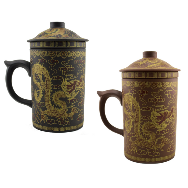 Two ceramic mugs with dragon designs on a white background