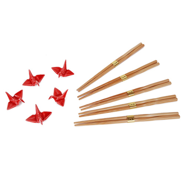 Red crane chopstick holders with bamboo chopsticks