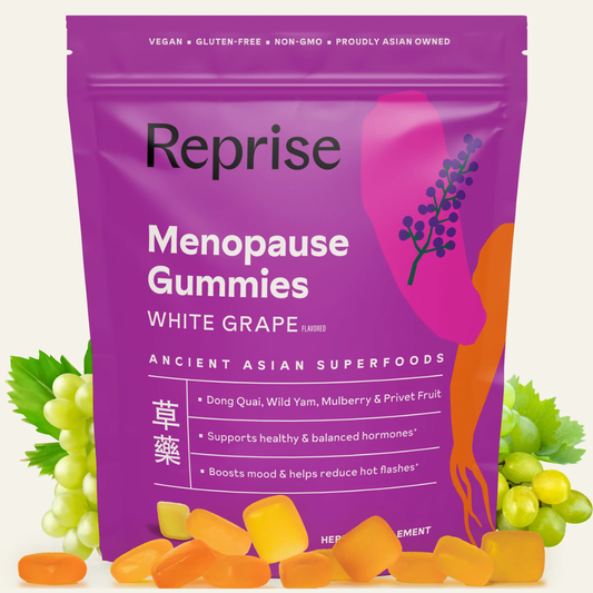 Reprise Menopause Gummies packaging with white grape flavor, ancient Asian superfoods, and health benefits on a light background.