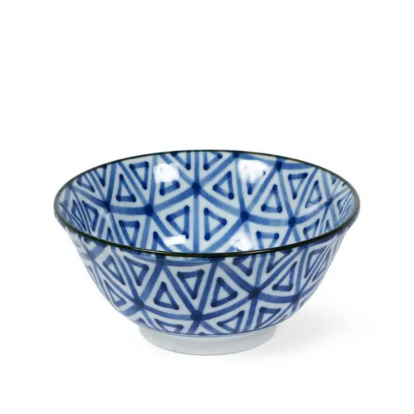 Ceramic bowl with blue geometric pattern on a white background