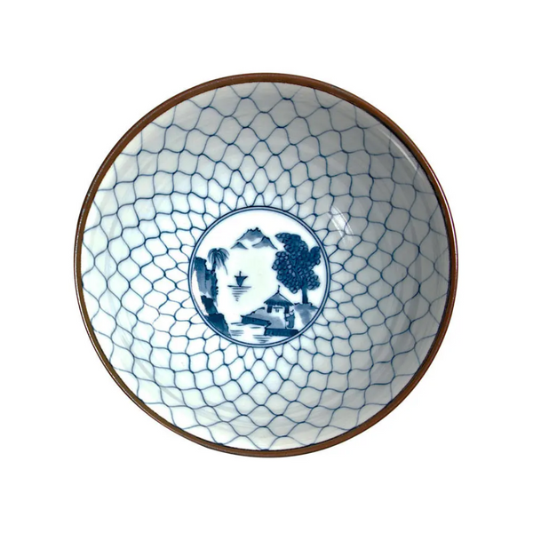 Ceramic bowl with blue and white design on a white background