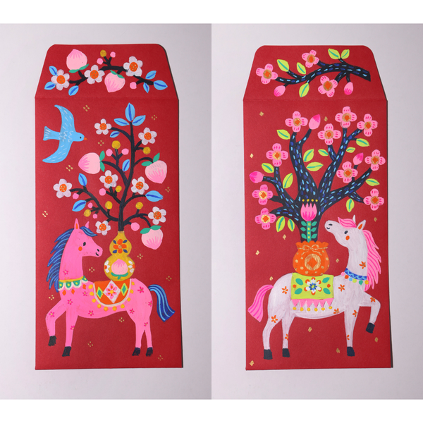 Two red envelopes with horse and floral designs on a white background