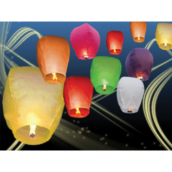 Ten beautiful multicolored lanterns lit up and floating together