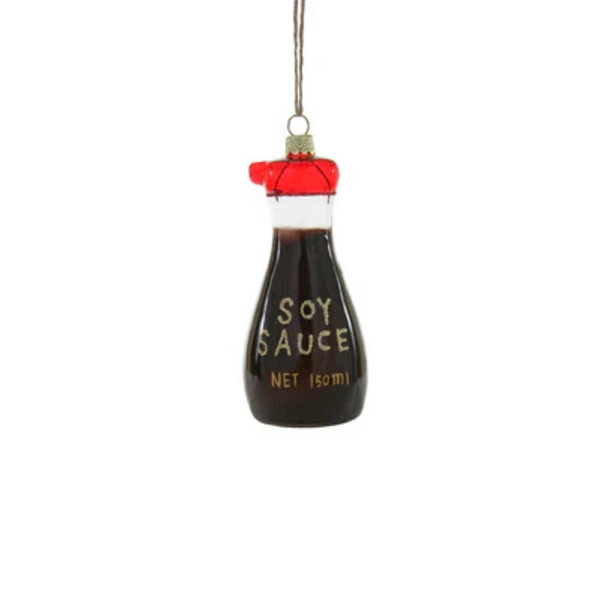 Decorative soy sauce bottle ornament on a white background