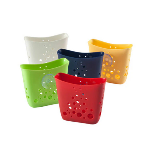 Set of five colorful sponge holders on a white background