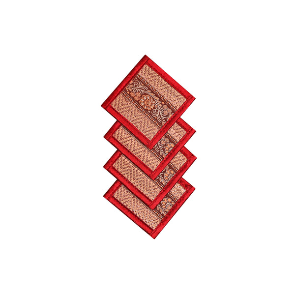 4 Thai-style woven coasters with red edging