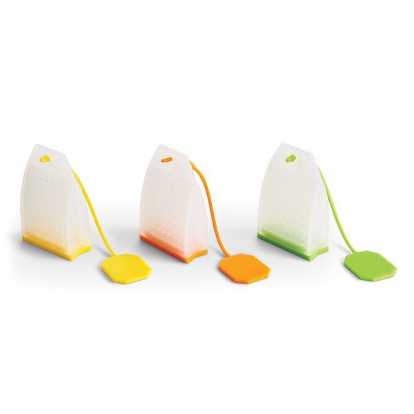 Four colorful fruit reusable tea bags on a white background
