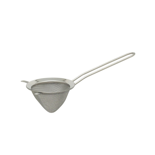 Metal mesh strainer on a white background