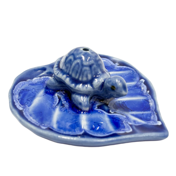 Ceramic blue turtle on leaf - incense holder