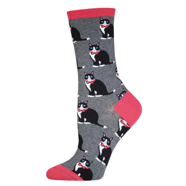 Gray socks with black cat pattern and red accents on a white background