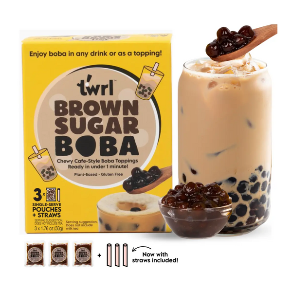 Brown Sugar Boba packaging with a glass of bubble tea and boba pearls on a white background
