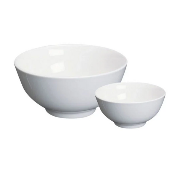 Two white ceramic bowls of different sizes on a white background