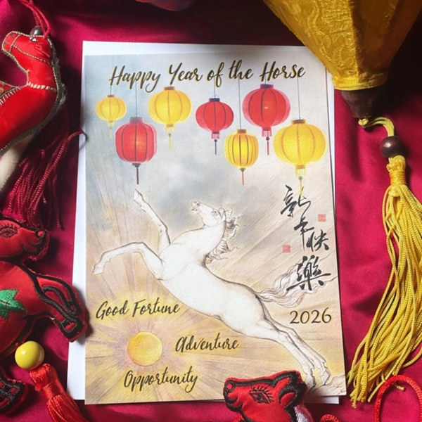 Card celebrating the Year of the Horse with lanterns and horse illustration on a red background.