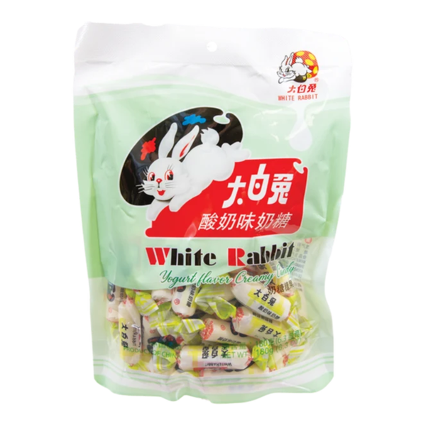 A 160g bag of White Rabbit Yogurt Flavor Creamy Candy, featuring a light green and white packaging design with a prominent red brand logo and a cartoon rabbit illustration.