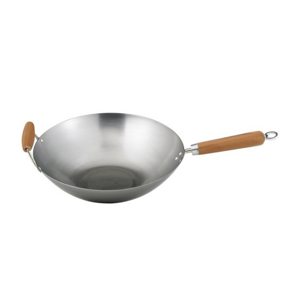 Stainless steel wok with wooden handles on a white background