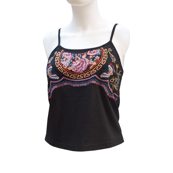 Embroidered Camisole with Peony and Butterfly Design - Onyx