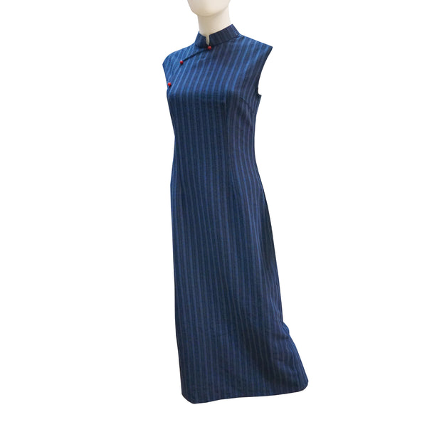 Sleeveless Striped Ankle-Length Qipao - Navy Blue