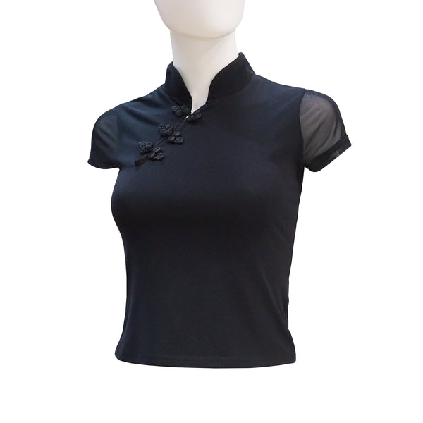Mesh Short Sleeve Qipao Top - Onyx