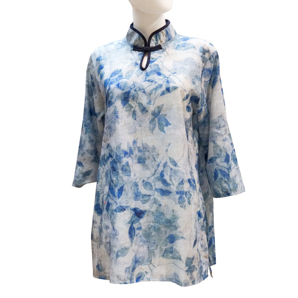 Qipao Tunic Top with Floral Design - Blue