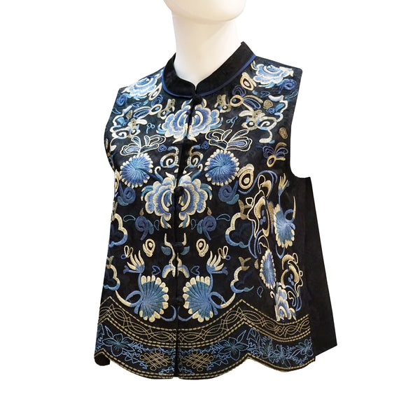 Embroidered Vest with Floral Design - Blue