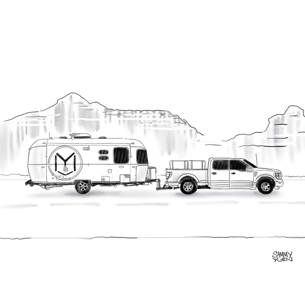 Illustration of a truck towing a camper with a mountainous landscape in the background.