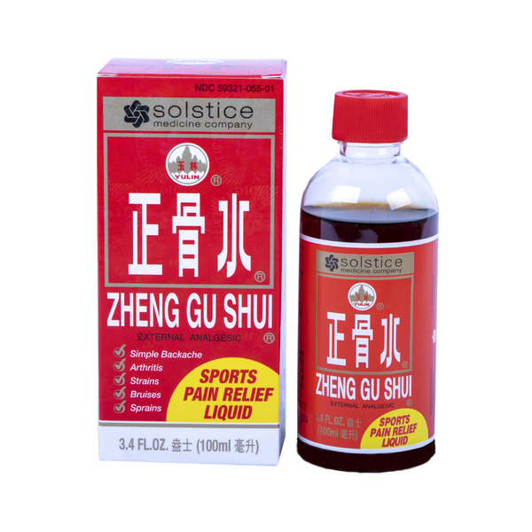 Zheng Gu Shui bottle and packaging from Solstice Medicine Company on a white background