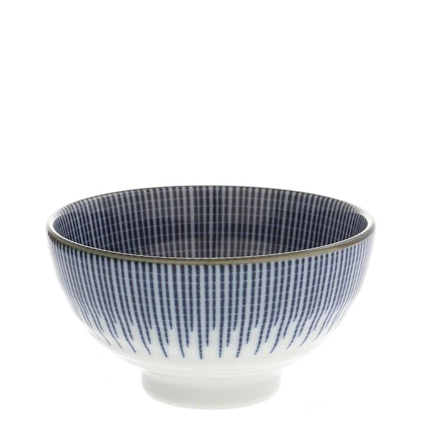 A ceramic bowl with a blue geometric pattern on white background