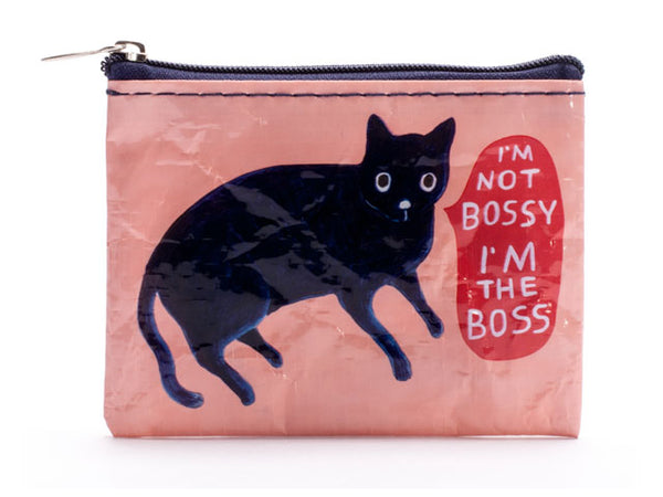 Dusty pink coin purse with cute black cat and text, "I'm not bossy I'm the boss"