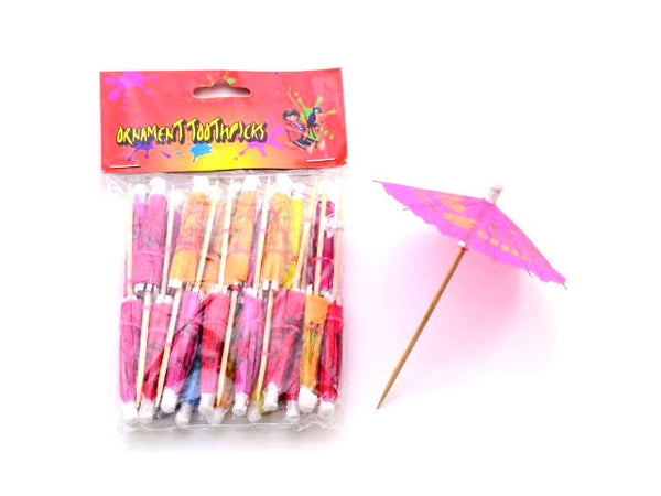 One pink paper cocktail parasols next to a package labeled "ornament toothpicks". This package has more paper cocktail parasols